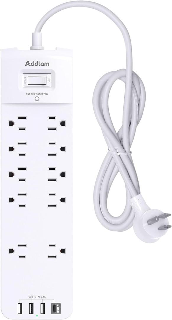 Power Strip - Addtam Surge Protector with 10 Outlets and 4 USB Ports, 6 Feet Extension Cord with Flat Plug, 2700 Joules, ETL Listed, Black