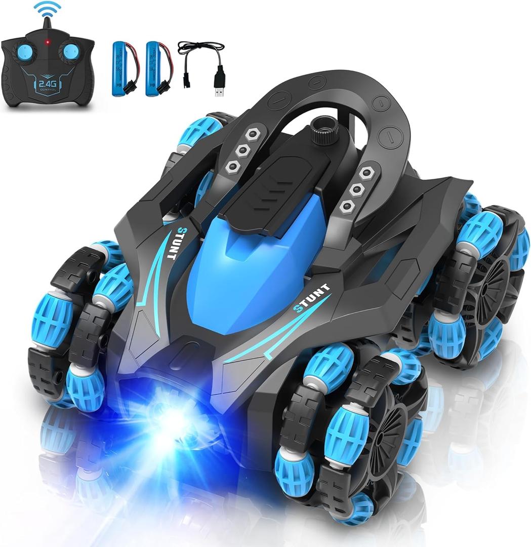Eulogia RC Stunt Car for Boys 5-12, High Speed 360 Rotating, Drift 4WD Remote Control Car with Headlights, 2.4GHz Electric Rechargeable Race Stunt Toy Car for Boys Girls Birthday (Blue)