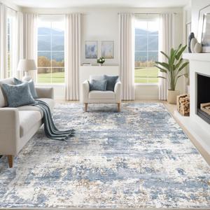 XLUEZ 10x12 Area Rug for Living Room, Washable Modern Abstract Large Area Rug Neutral Soft Non Slip Kids Rug Stain Resistant Indoor Carpet for Bedroom Dining Room Playroom Home Office (Blue, 10'x12')
