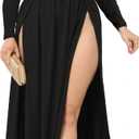 SILUI Women's Square Neck Double High Slit Long Sleeve Sexy Plus Size Sundresses Thigh Split Club Party Maxi Dresses (Black, L)