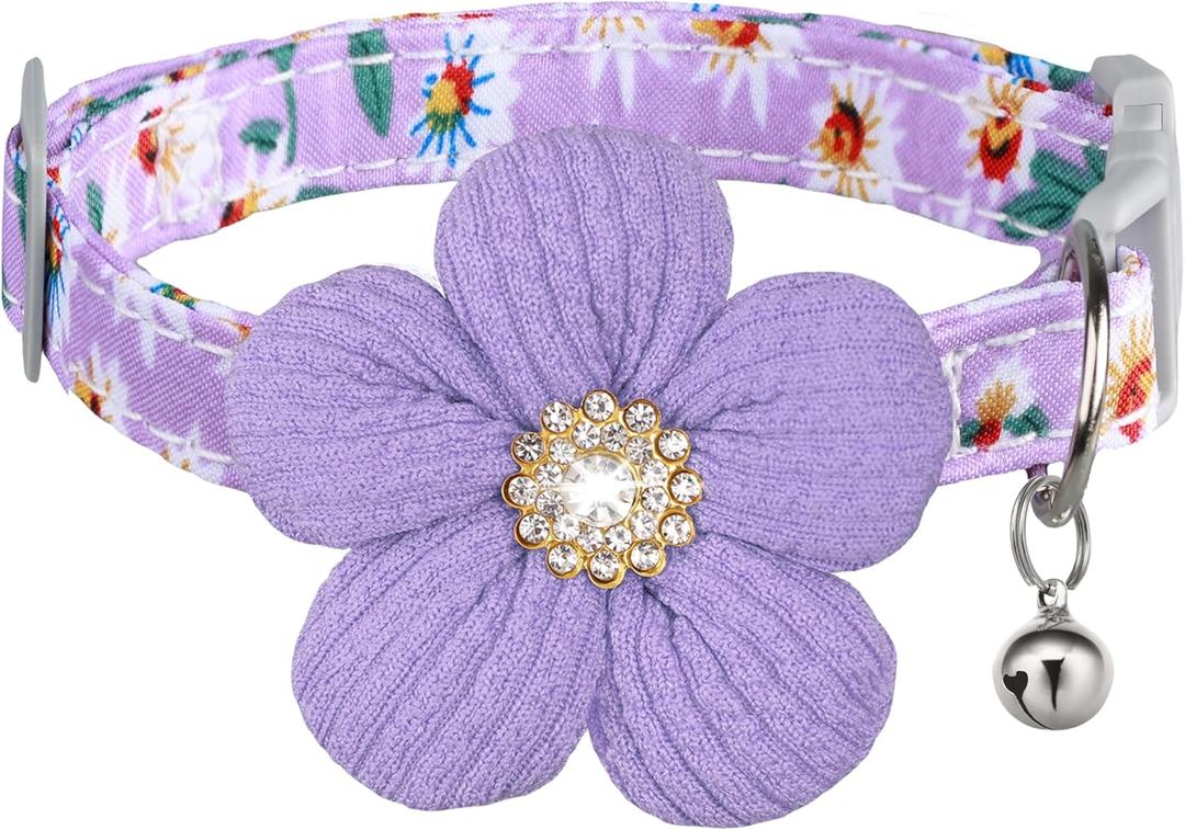 Medium Dog Collar with Flower, Dog Collars for Medium Dogs Collar for Girl Cute Dog Collar with Bell, Adjustable Length (Purple)