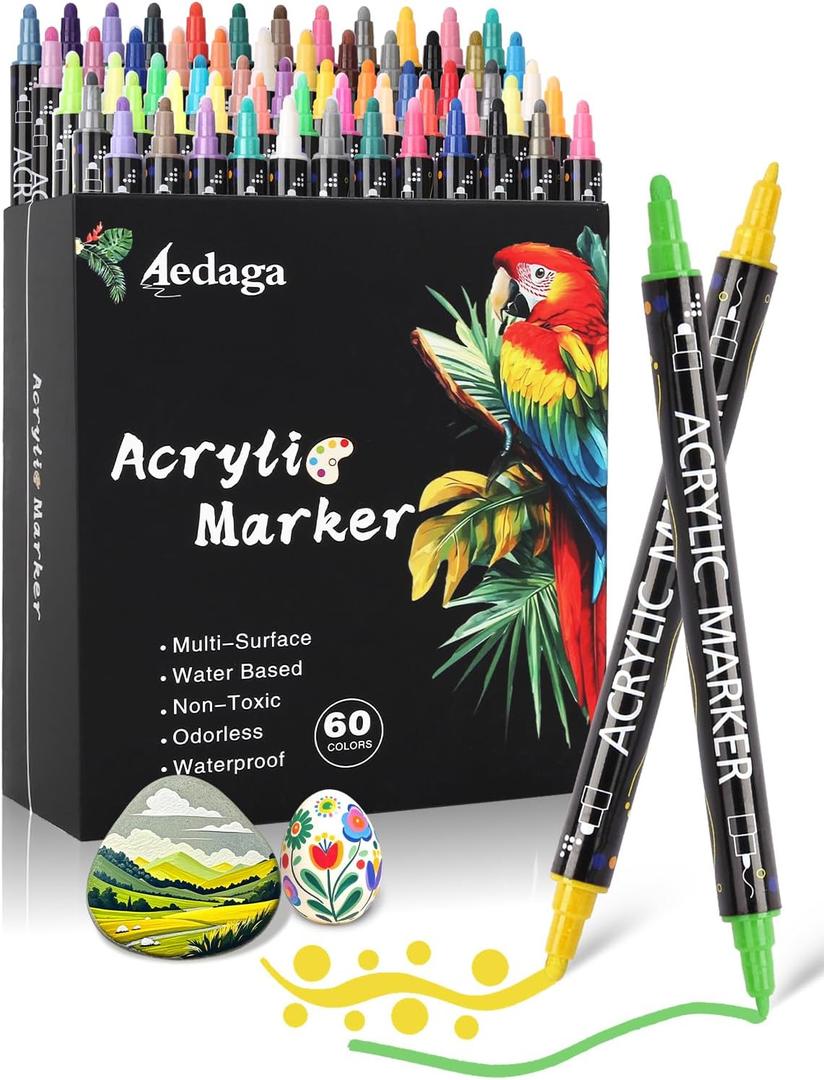 AEDAGA 60 Colors Acrylic Paint Pens,Acrylic Paint Markers Dual Tip with Fine Tip and Dot Tip,Dot Maker for Kids Adults, Glass, Stone, Wood, Canvas, Paper, Pottery