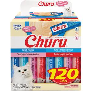 INABA Churu Cat Treats, Lickable, Squeezable Creamy Pure with Vitamin E, 0.5 Ounces per Tube, 120 Tubes Total, Tuna Variety (EXP 08/26/26)