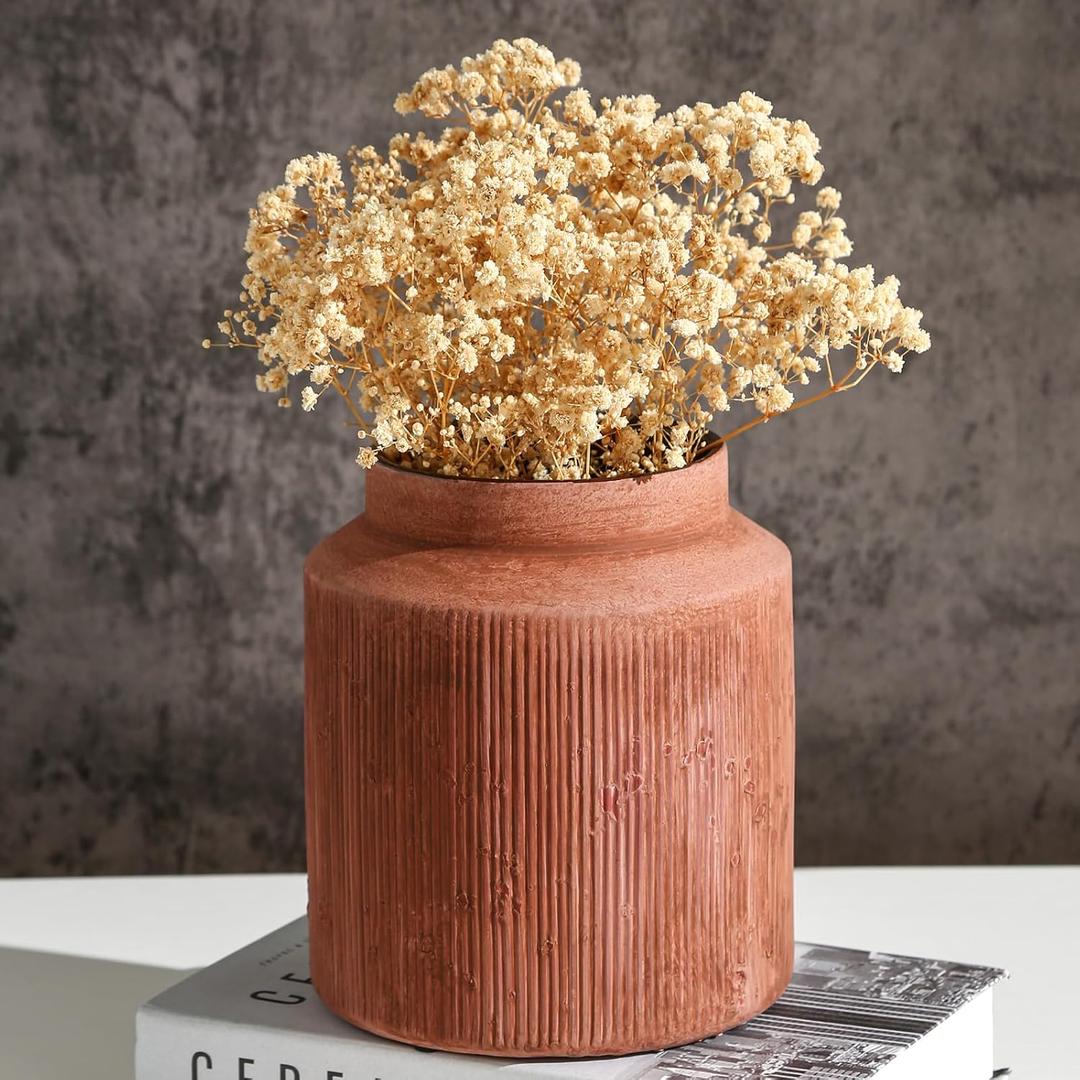 Farmhouse Vase for Home Decor, Vintage Rustic Terracotta Flower Vase Suitable for Home Decor, Living Room, Shelf, Dining Table. Rust Red 7IN. (6.1 x 7 inches, Retro-8)