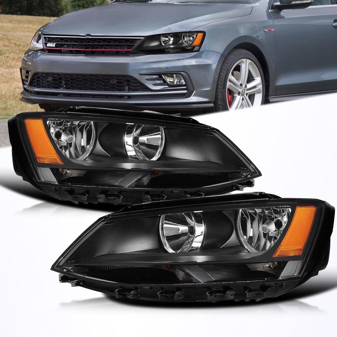 APSVE Black Headlights Assembly Compatible with 2011-2018 Volkswagen Jetta MK6 Sedan & Hatchback without DRL Halogen Headlamp Driver & Passenger Side, Black Housing Amber Side