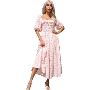 Women Summer Half Sleeve Cotton Ruffled Vintage Elegant Backless A Line Flowy Long Dresses, Size: S