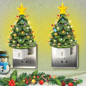 NUWIXMER Ceramic Christmas Tree Night Light,Christmas Decorative Tree with Multicolor Bulbs and ON/Off Switch, Christmas Xmas Night Light for Bedroom Porch Holiday Decor,2 Pack