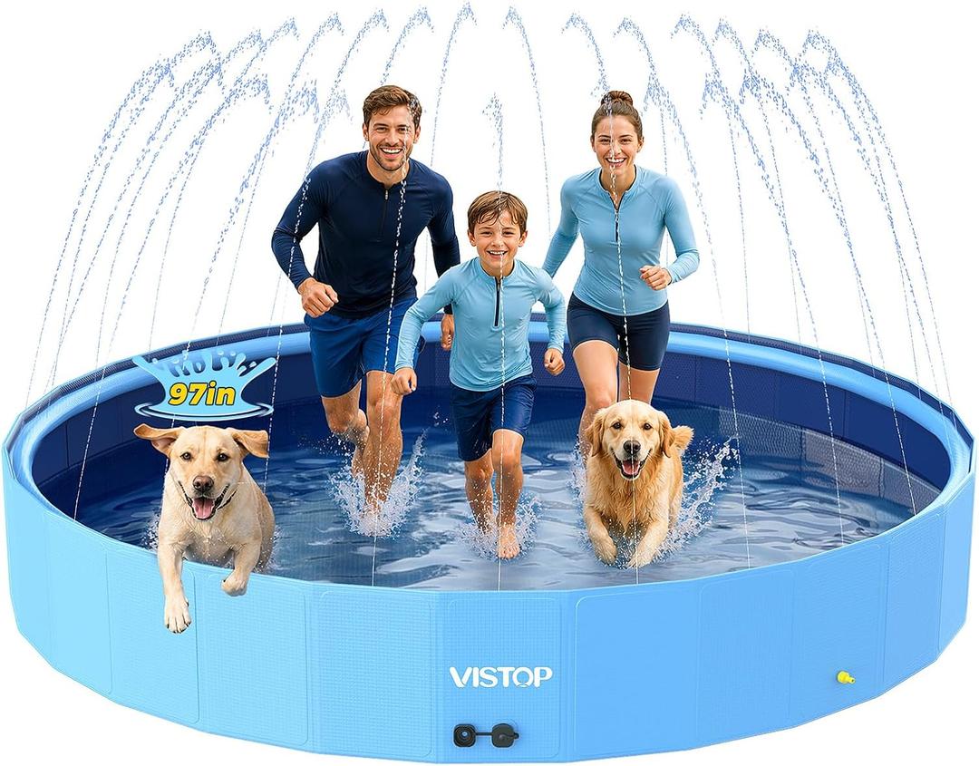 VISTOP 97" Foldable Dog Pool with Sprinkler, Large Hard Shell Pet Swimming Pool, Non-Slip Collapsible Kiddie Pool for Backyard Outdoor Summer Water Play