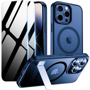 Magnetic Case for iPhone 14 Pro Max with Privacy Screen Protector & Folding Kikstand [Compatible with MagSafe],Soft Shockproof Phone Case Protective Bumper Cover for iPhone 14 ProMax,Blue
