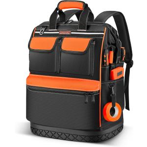 LOKASS Tool Bag Backpack, Heavy Duty Tool Backpacks with Combination Lock, Waterproof Tool Bags for Tools Storage and Organization, Black/Orange
