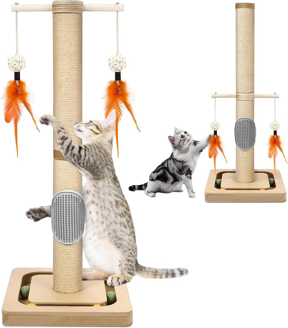 27 Tall Cat Tree for Kittens, Jute Scratching Post with Hanging Toy and Ball Track for Kitten & Adult Cats, Small Cat Tower with Toys, Cat Activity Tree Indoor