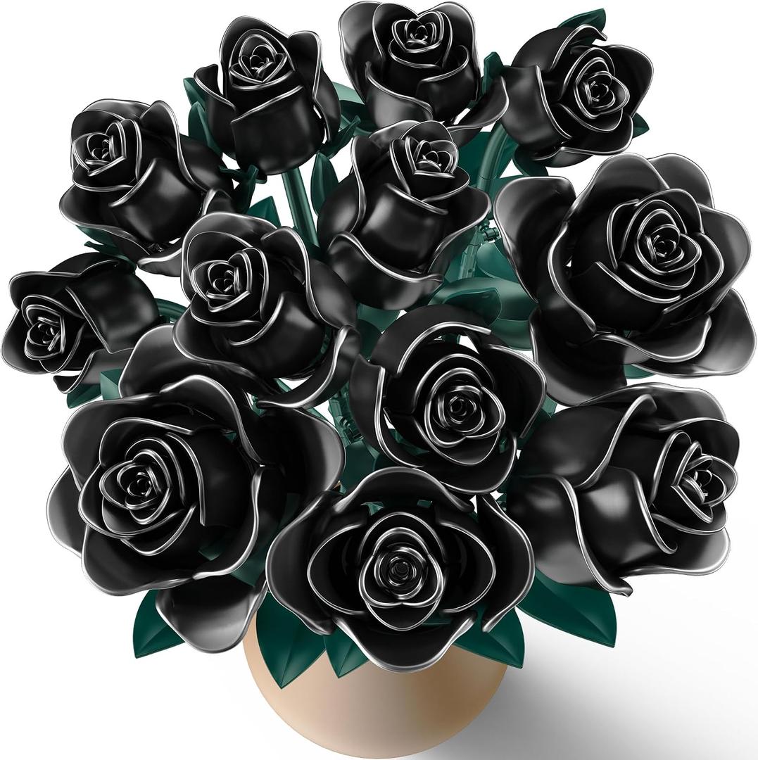 Black Rose Building Blocks Set for Kids, 634PCS Flower Bouquet Brick Toy, Romantic Gift for Girls, Women, Valentine's Day, Birthday, Mother's Day, Halloween, DIY Artificial Plant for Home Gothic Decor