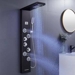 LED Shower Panels Tower System, SUS304 Stainless Steel Bathroom Shower Panel System with 4 Body Jets, Rainfall, Waterfall, Handheld Shower, Tub Faucet (Black)