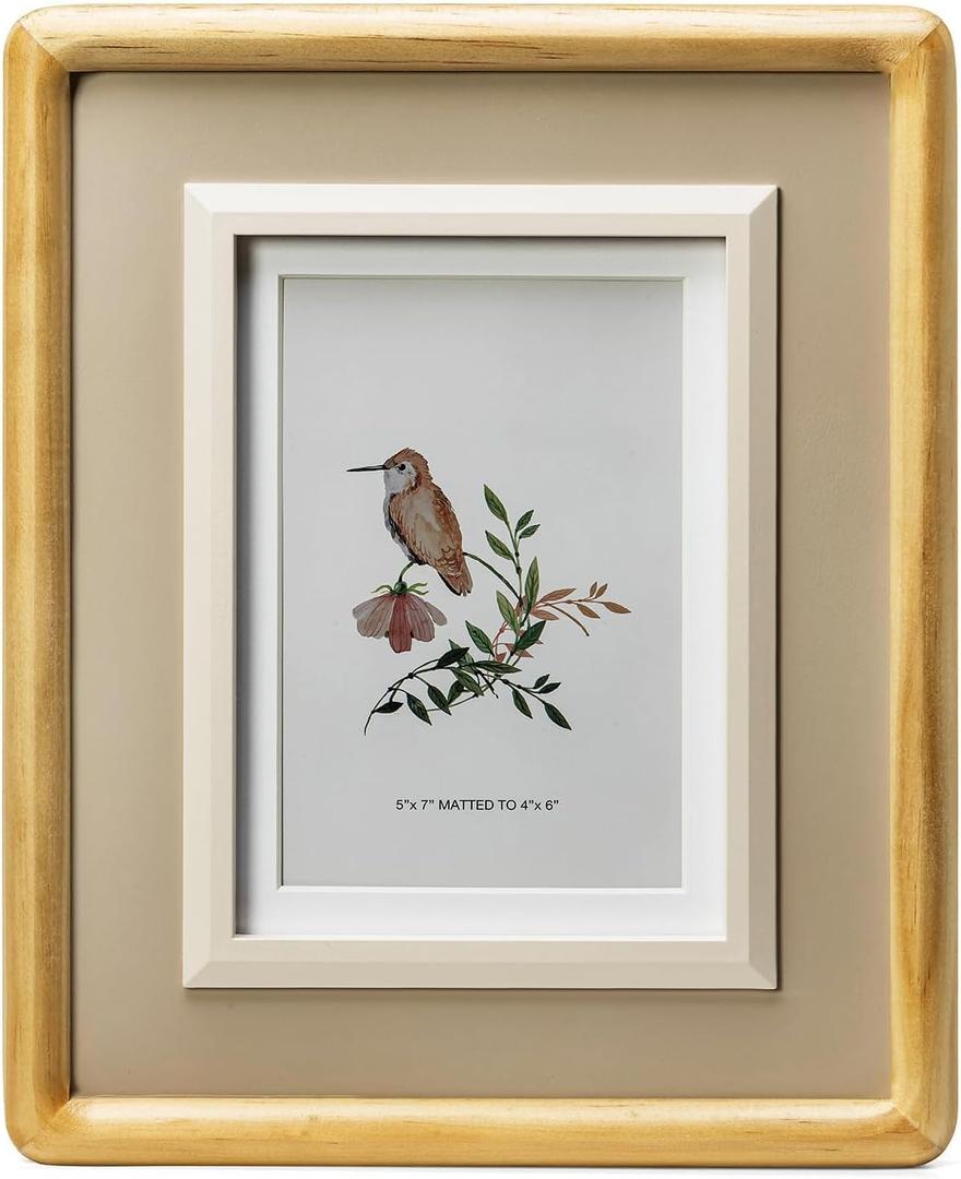 5x7 Picture Frame Natural, Gray and Beige Trim, Pine Wood with Real Glass, Matted to 4x6, Vertical and Horizontal for Tabletop or Wall Hanging Display Photo Frame