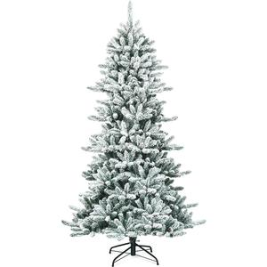  7Ft Snow Flocked Artificial Christmas Tree, Hinged Slim Pine Tree with Pine Cones, 1108 Branch Tips, Sturdy Metal Stand, Xmas Full Fake Tree for Home, Office, Party Indoor Decoration