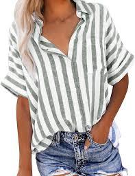 3 x Summer Tops for Women Striped Button Down Shirts Collar Guaze Shirt Trendy Vacation Work Linen Blouse (Green, XL)