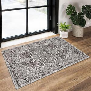 KUTA Vintage Small Area Rug 2x3 Tan Grey Washable Vintage Entryway Rugs Non-Slip Ultra Soft Floral Doormat Printed Retro Distressed Carpet Accent Farmhouse Kitchen Throw