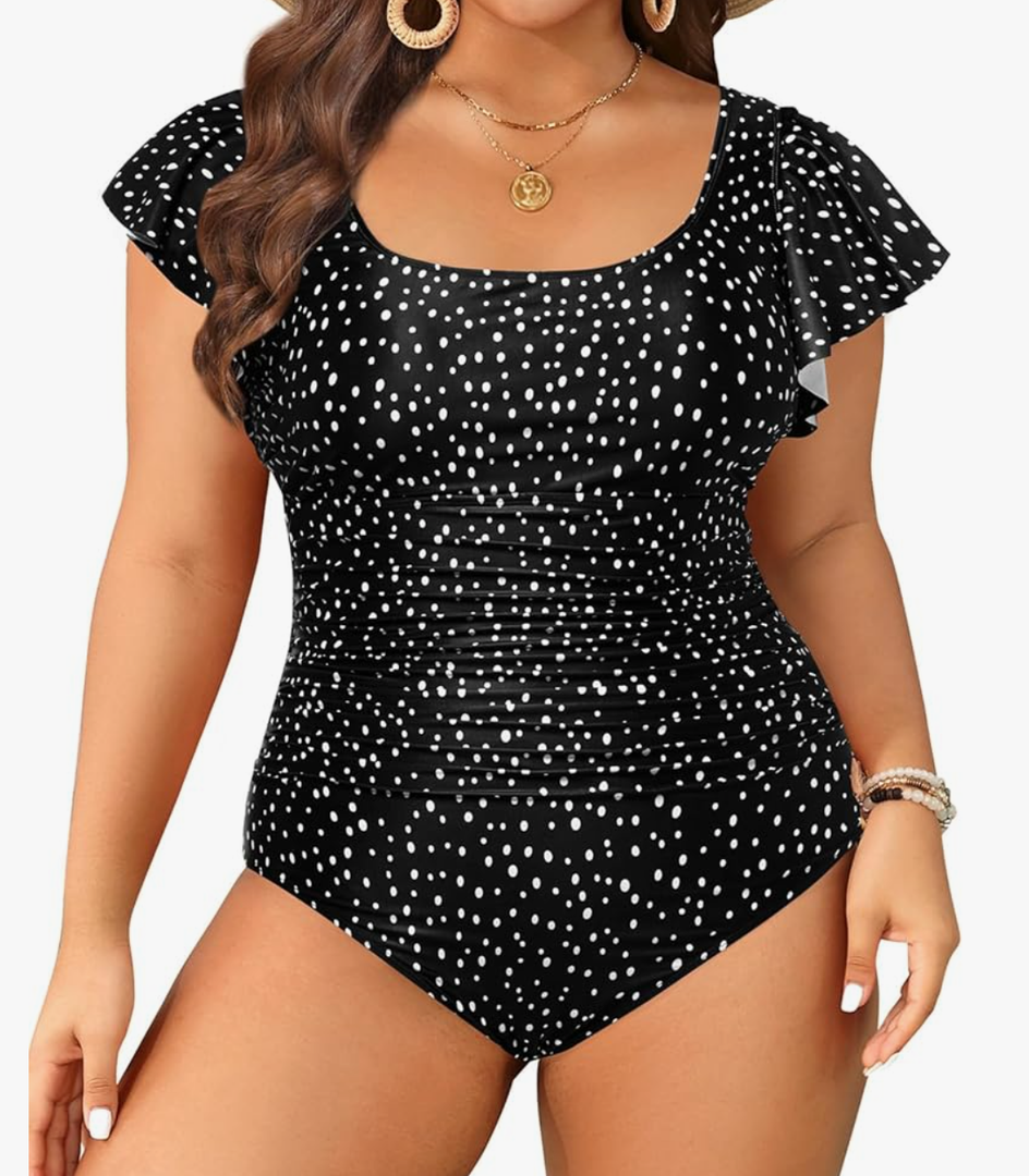 Plus Size One Piece Swimsuit - Women Tummy Control Bathing Suit Ruffle Vintage Swimwear with Sleeves 18W