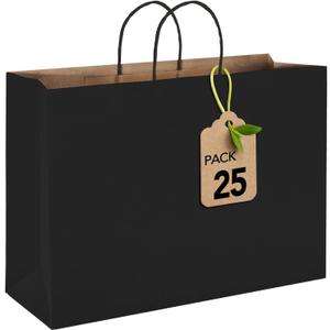 MESHA Large Black Paper Bags with Handles 16x6x12 Inch 25 Pack Paper Shopping Bags Large Gift Bags Craft Bag Kraft Bag for Small Business