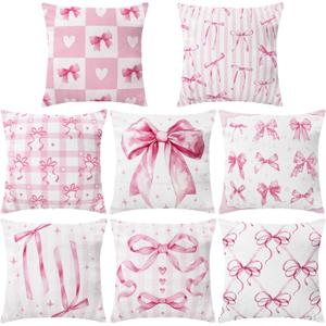 8 Pcs 18x18 Inch Pink Bow Pillow Covers Coquette Pillows Pink Coquette Room Decor Bow Pillowcase Set Watercolor Aesthetic Preppy Room Decoration Bedroom Sofa Decor