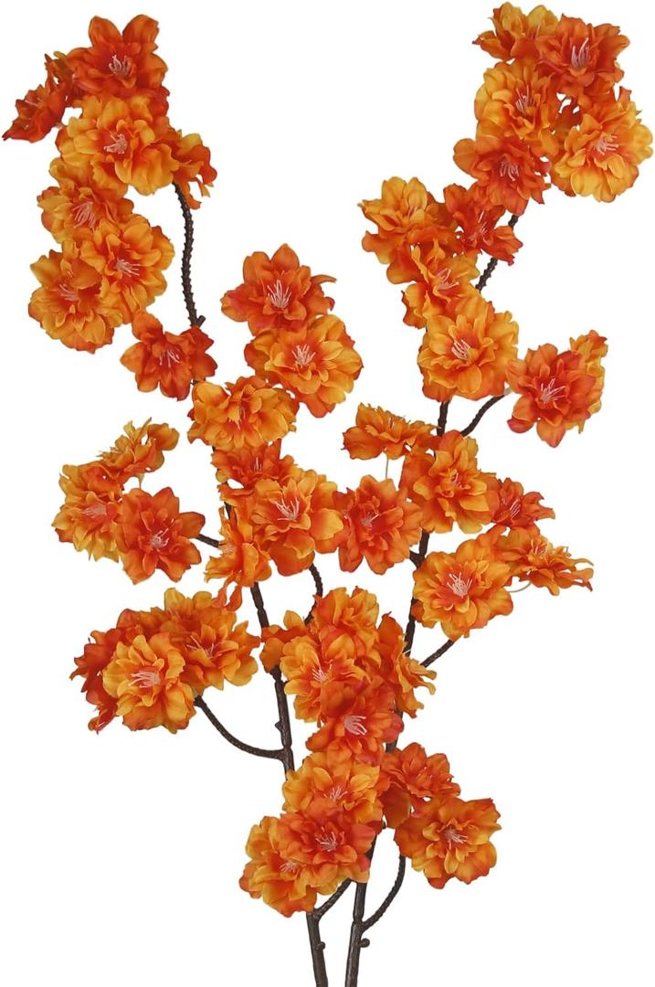 2 Pcs Artificial Cherry Blossom Flowers Branches 41" Faux Cherry Blossom Long Stem Orange Silk Cherry Blossom Tree Tall Fake Flower Arrangement for Home Wedding Centerpieces Spring Indoor Decor