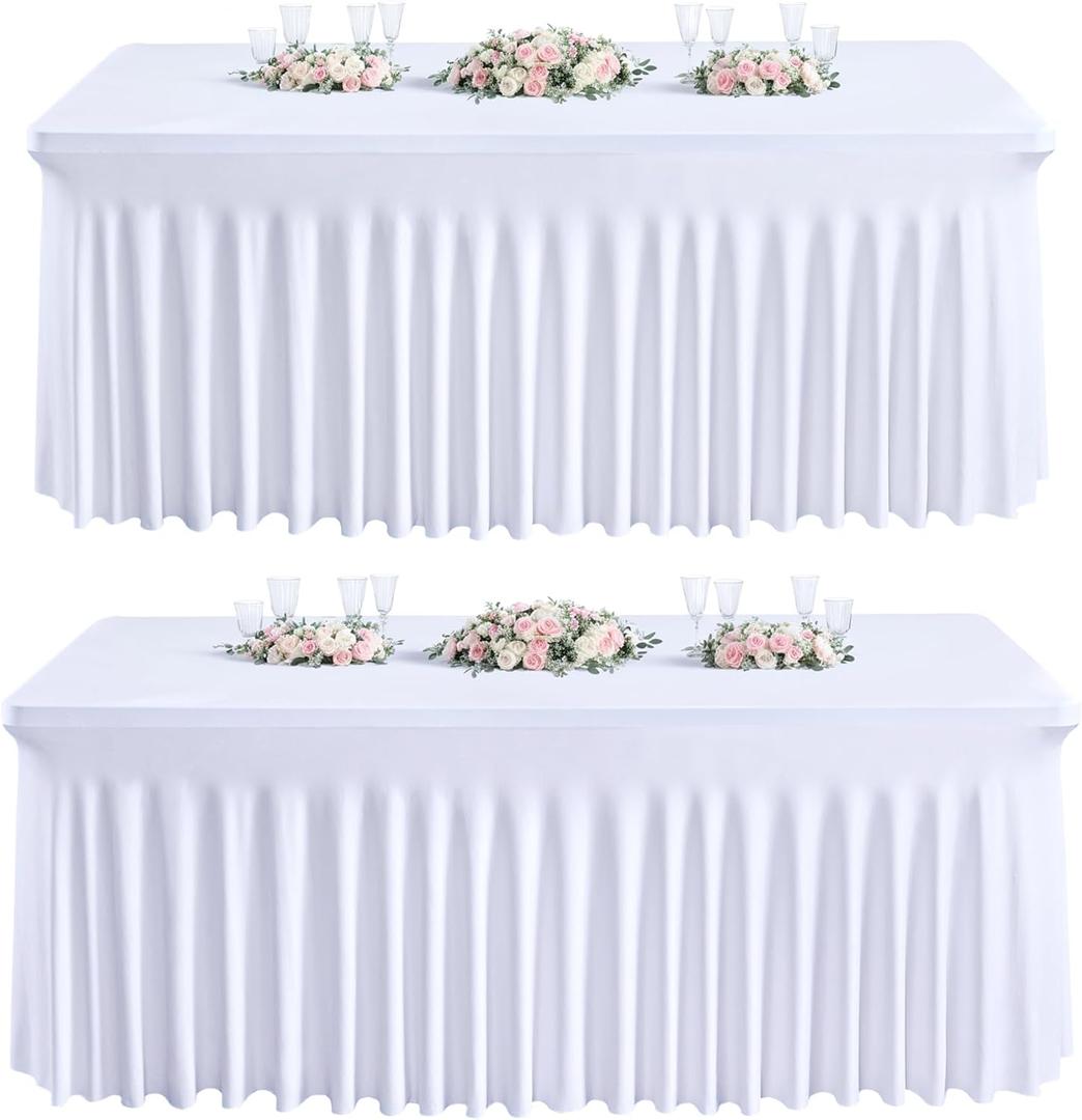 Besutolife 6ft White Tablecloth Rectangle Spandex Tablecloth 2PCS Banquet Table Skirts for Rectangle Tables Parties Wedding Dining Table