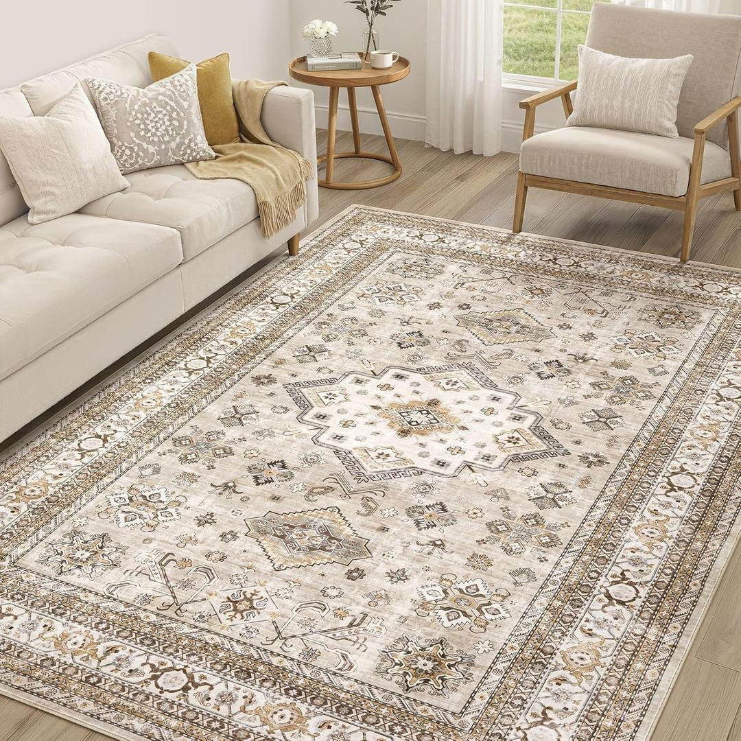 Vintage Living Room Area Rug 6x9 - Large Soft Washable Oriental Traditional Distressed Farmhouse Rugs for Bedroom - Indoor Floor Accent Carpet for Home Office House Decor - Beige (6' x 9')