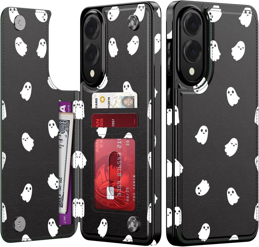 Goodon for Samsung Galaxy S25 Edge Case Wallet - Flip Folio Leather Cover with Trendy Floral Design, 3 Card Slots & Kickstand Function, Protective Phone Case for Women and Girls - Cute Little Ghosts