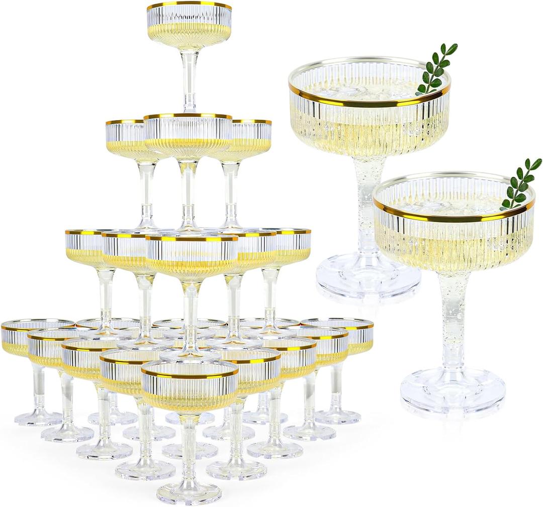 48 Pack Clear Champagne Tower Glasses 7 Oz Champagne Flutes Plastic Champagne Coupe Glasses With Gold Rim Disposable Martini Glass Stackable Stemmed Coupe Glass for Weddings Birthday Party(48, Clear)