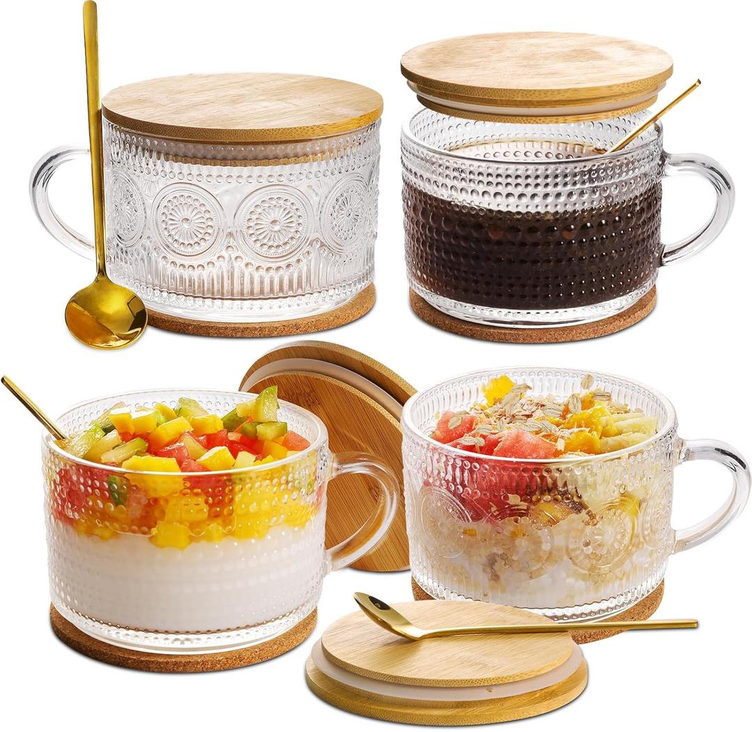 Vintage Coffee Mugs Glassware Set of 4-14oz Leak Proof Overnight Oats Containers with Lids and Spoons, Hobnail Glass Cups with Bamboo Lids, Ideal Coffee Bar Accessories Perfect for Drinks, Tea