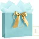 JMANNI 1PCS Large Gift Bag with Ribbon and 1 Greeting Card 2 Tissue Papers, Portable Paper Gift Bag with Handles, Birthday Present Bags for Wedding Party,Mothers Day12.6" x 9.8" x 3.9"(Baby Blue