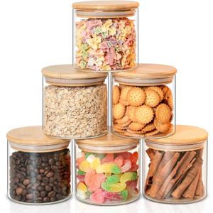 Liuruiyu Glass Food Storage Jars 6-Pack - 4x4 in-Clear Glass Food Canisters with Bamboo Lid Airtight For Serving Tea, Coffee, Flour, Sugar, Candy, Cookie, Spice and More (Circular)