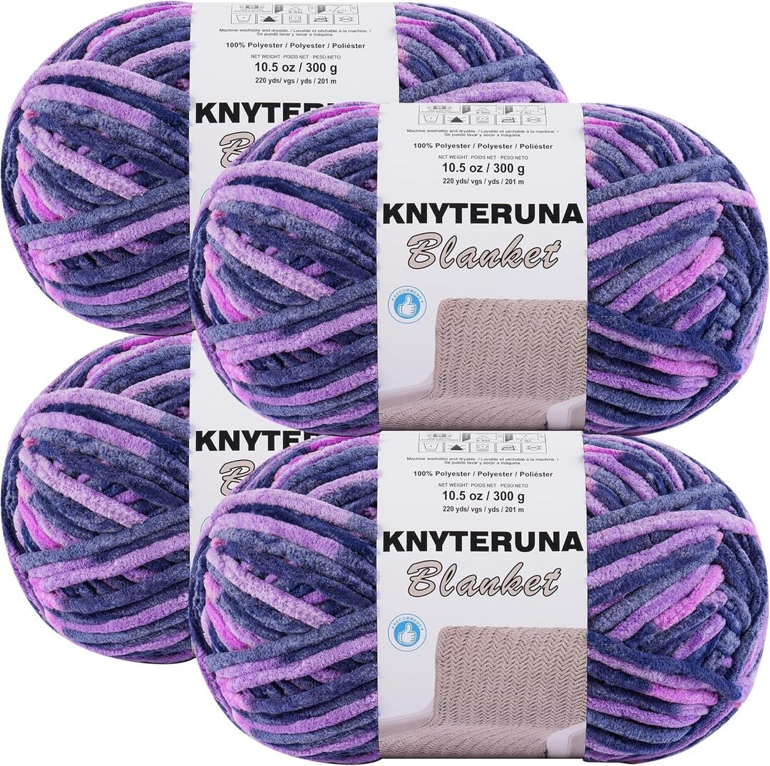 #6 Super Bulky Blanket Yarn for Crocheting - 4 Skeins(Each 10.5oz/300g, 220yds/201m), Chunky Chenille Thick Plush Big Soft Yarn for Crocheting Knitting Blankets, Multi Purple
