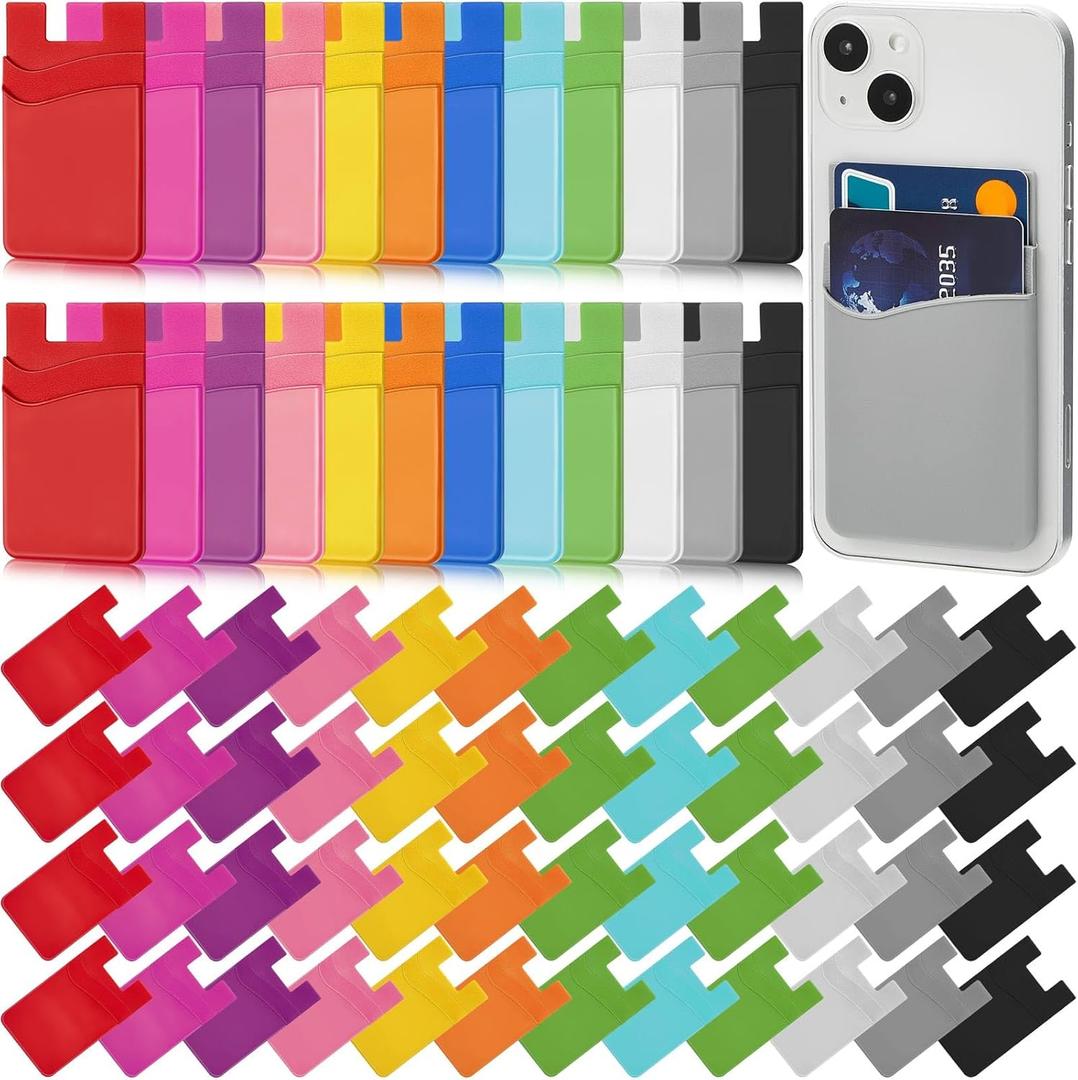 Fulmoon 72 Pcs Phone Card Holder for Back Silicone Adhesive Wallet Case Pouch 2 Pocket Wallet Stick on Cell Phone Sleeve for Most Smartphones ID Business Credit Cards, 12 Colors