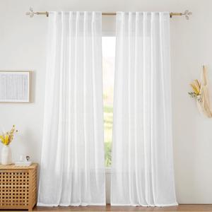 RYB HOME Linen Sheer Curtains for Living Room Textured Semi Sheer Curtains Large Window Treatment for Bedroom Patio Door, White, 52 inch Width x 108 inch Length, 2 Panels