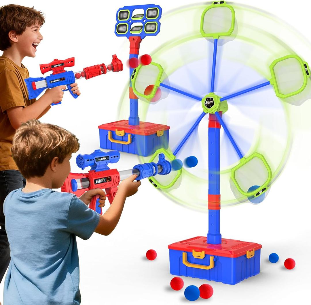 2 IN 1 Shooting Game Toys For 5 6 7 8 Year Old Kids, Moving Standing Shooting Target & 2 PCS Foam Ball Popper Air Toy Guns, 24 Foam Balls, 2 Player Boy Toys For Boy Kids, Gifts for Boys and Girls