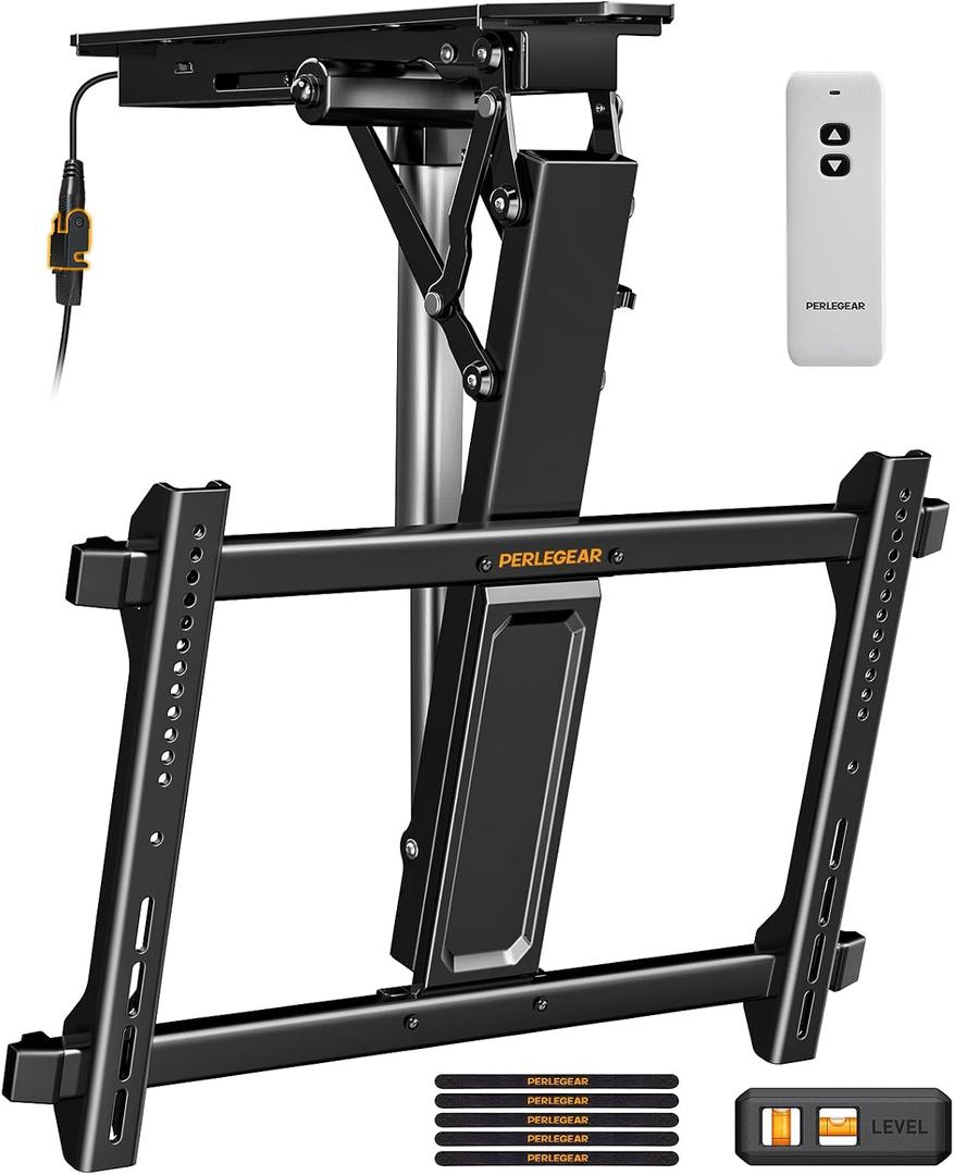 Perlegear Electric Ceiling TV Mount with Remote for 32-70 inch Flat and Curved Screen TVs up to 88 lbs, Max VESA 600x400, Motorized TV Ceiling Mount Flip Down for Flat Roof, Drop Down Ceiling Mount