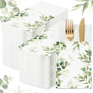 Potchen 100 Linen Feel Napkins Disposable Cloth Like Napkins Prefolded Hand Towel with Built-in Flatware Pocket Cocktail Hand Towel for Wedding Bridal Shower Supplies(100 Pcs,Green Eucalyptus Leaf)