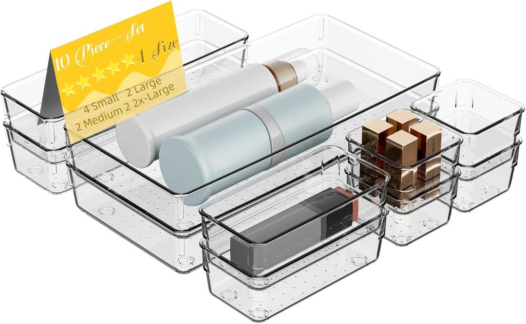 Clear Plastic Drawer Organizer Set with 15 Inch Extra Long Bins, 4 Sizes Large Acrylic Organizers for Kitchen Utensils, Bathroom Trays and Makeup Storage