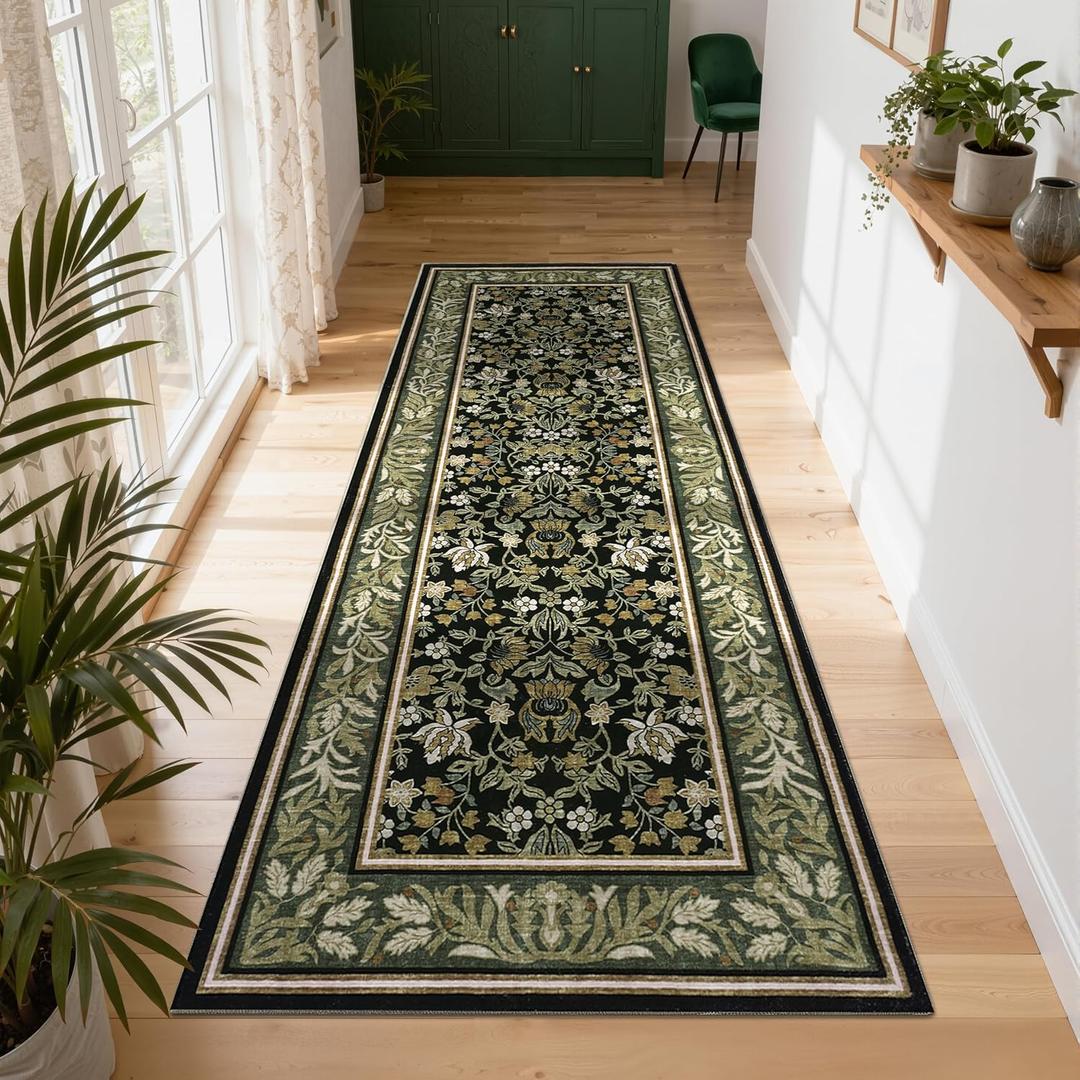 GarveeHome Kitchen Runner Rug 2.5x8 Runner Rug Non Slip Washable Runners for Hallways, Boho Vintage Rugs with Rubber Backing Soft Low-Pile Indoor Carpet for Entryway Bedroom Laundry Green Black
