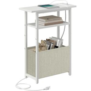 sthmec Narrow Side Table with Charging Station, Small End Table for Small Spaces, Skinny Nightstands with Storage Basket, 3 Tier Sofa Couch Bedside Tables for Living Room,Bedroom, White, Power Only