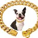 Stainless Steel Silver Gold Dog Collars with Safety Buckle Lock,18K Cuban Link Chain Training Collar,15MM Strong Dog Necklace Heavy Duty Chew Proof for Small Medium Large Dog