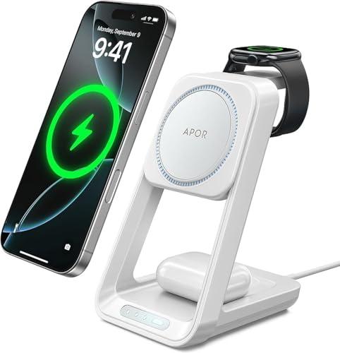 Apor 3 in 1 Charging Station for iPhone, for Magsafe Wireless Charger with Cooling Fan for iPhone 17 16 15 14 13 12 Series & Apple Watch Charger, Wireless Charging Station for AirPods 4/3/Pro (White)