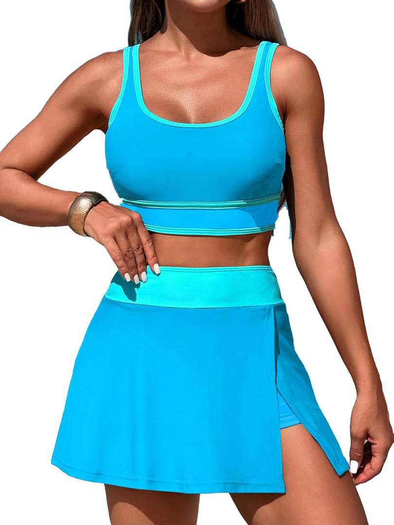 Women's High Waisted Bikini Sets Tummy Control Swim Skirt Two Piece Swim Suit Tummy Control Color Block Bathing Suit (Medium)