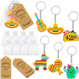 108 Pcs Mexican Keychain Fiesta Party Favors Baby Shower Return Favors Thank You Handwritten Font Tags Cinco De Mayo Party Gifts Cactus Keychain Organza Bag for Birthday Baby Shower Supplies