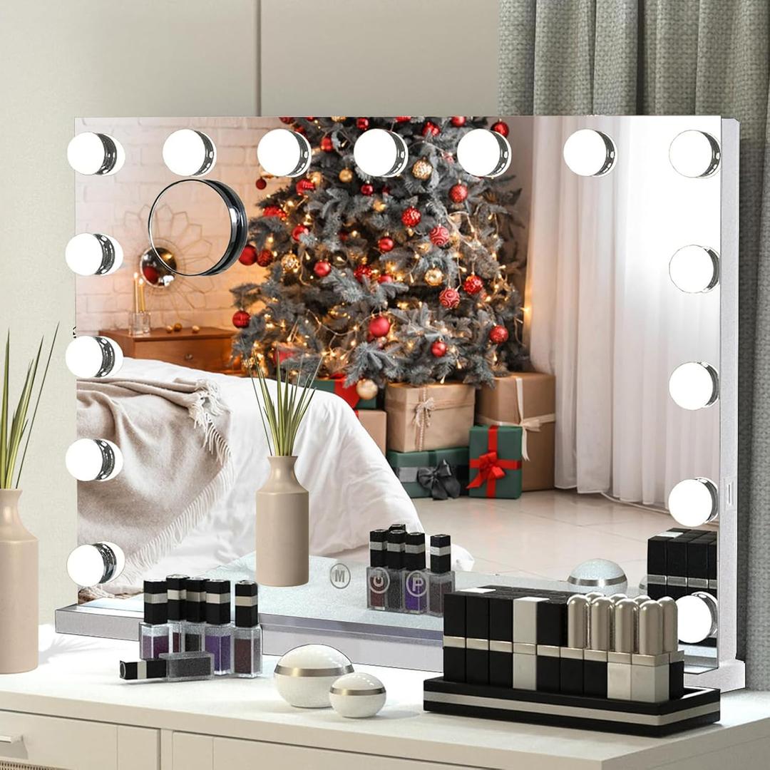 22.8"x 18.1" Vanity Mirror Makeup Mirror with Lights,10X Large Hollywood Lighted Vanity Mirror with 15 Dimmable LED Bulbs,3 Color Modes,Touch Control for Bedroom,Tabletop or Wall-Mounted