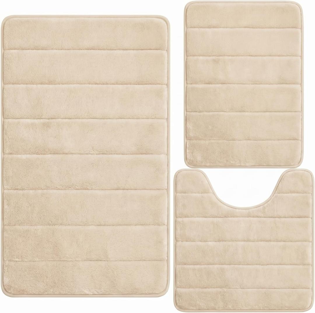 Bathroom Rugs Set 3 Piece, Memory Foam Bath Rugs, Non Slip Washable Bathroom Rug Set, Extra Soft Absorbent Bath Mats with U-Shaped Toilet Rug, Camel
