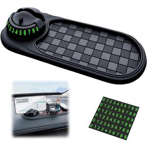Multifunction Car Anti-Slip Mat, Car Dashboard Mobile Phone Holder, Rotating Anti Slip Mat Auto Phone Holder with Temporary Parking Number, Auto No Slip Pad for Phone, Sunglasses, Key (Gary+Black)