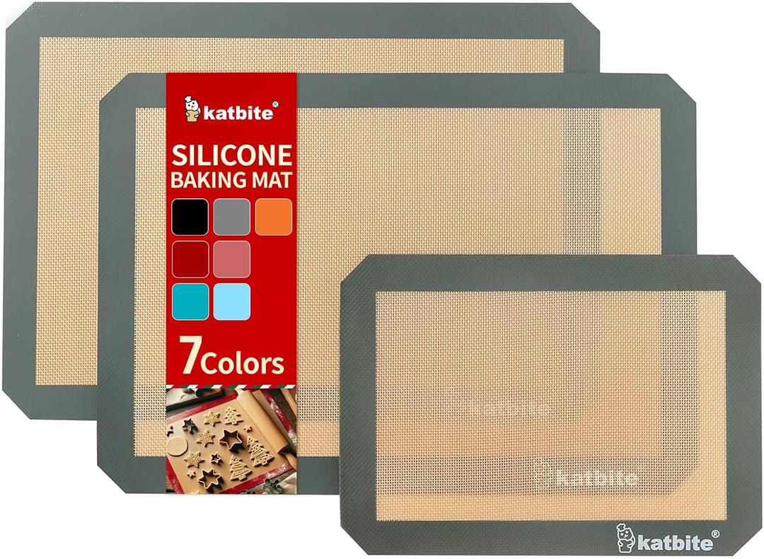 Silicone Baking Mat, Katbite Large Baking Mat Set of 3-2 Half Sheets Mats (11 5/8" x 16 1/2") + 1 Quarter Baking Sheets, Reusable & Nonstick Bakeware Mats for Cookies, Macarons, Bread and Pastry (Gray)