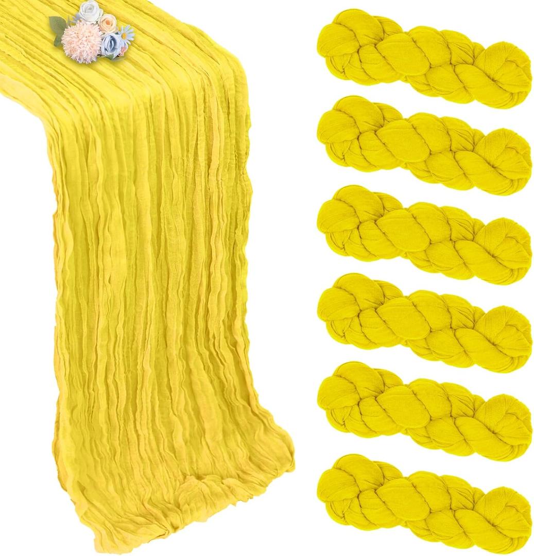 6 Pack Lemon Yellow Table Runner 10ft Boho Gauze Fabric Cheesecloth Table Runner 35 x 120 Inch Rustic Sheer Runner for Holiday Baby Shower Home Dcor Party Wedding Decoration